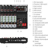 Console de mixage professionnelle six canaux transfrontalière avec effets de réverbération, lecture Bluetooth, contrôle et égalisation EV6 Fabriqué en Chine