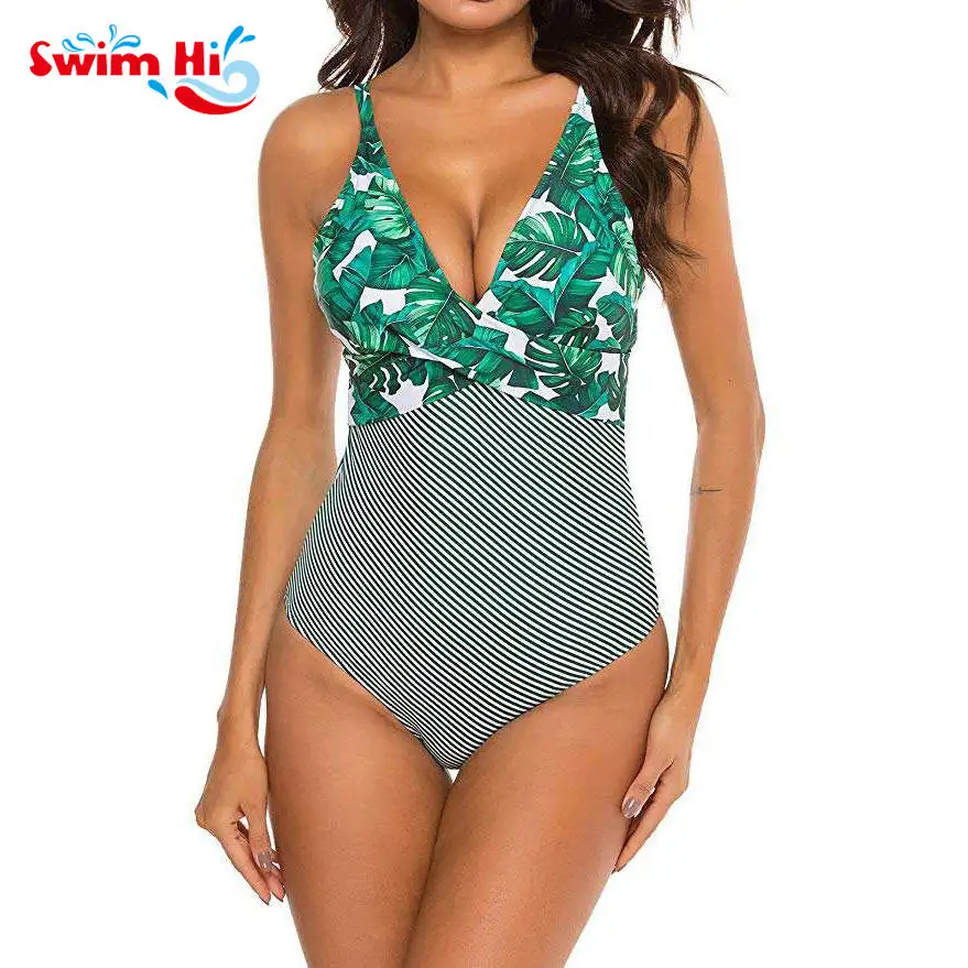 Hot Mulheres One Piece Swimwear Tummy Controle Impressão Frente Cruz Menina Swimwear Swimsuit