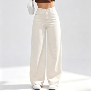 Jeans da Donna a Vita Alta e Gamba Larga, Elasticizzati, Color Crema <span class=keywords><strong>Ecru</strong></span>, Pantaloni in <span class=keywords><strong>Denim</strong></span> Baggy, Streetwear Minimalista, Vestibilità Comoda in Cotone - Product Image 2