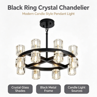 Lustre de luxe en cristal à 16 lumières, design roue de chariot noire, hauteur réglable, plafonnier LED avec abat-jour en cristal transparent
