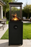 Brasero à gaz noir en métal de 8 kW à chauffage rapide et sans fumée avec écran coupe-vent en verre, chauffage extérieur moderne pour patio, compatible propane/butane/GPL