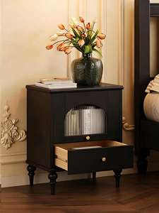 Premium Black Solid Wood Nightstand French Vintage Fluted Glass Door 2-tier Storage Bedroom Furniture Stable Turned Legs <b>Bedside</b> - Product Image 2