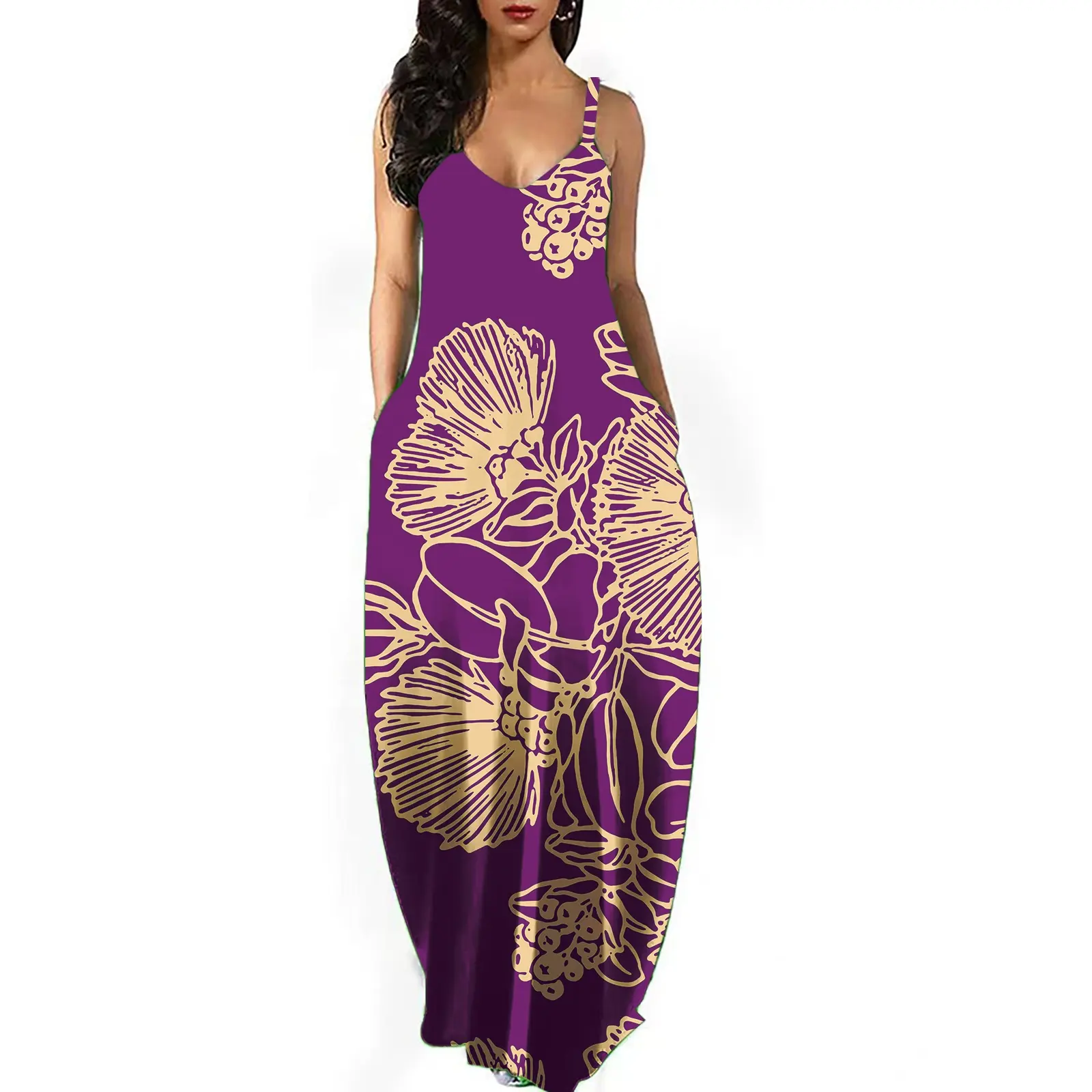 OEM custom women clothing hawaii style tropical floral print plus size maxi dress polynesian tribal casual summer dresses