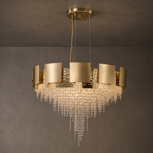 Round Hammered Gold Metal Crystal Chandelier Waterfall Crystal Pendant <b>Light</b> For Dining Room Villa Home <b>Decor</b> - Product Image 2