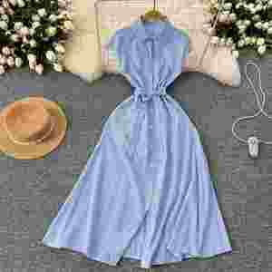 Túnica de Verano a Rayas, Tejida, Transpirable, Sostenible, Lavable, Antiarrugas, Corte en A, para Vestido Midi, sin Mangas, para Mujer - Product Image 3