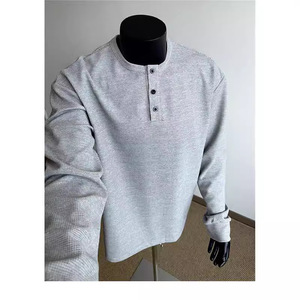 2024 otoño hombres Casual deportes Waffled para Polo camiseta Top All-Match Henry Collar Camiseta de <span class=keywords><strong>manga</strong></span> <span class=keywords><strong>larga</strong></span> - Product Image 3