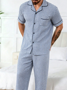Men's Custom Blue Pajamas Summer Cotton 100%Lounge Set Men Bamboo Pajamas Wholesale OEM ODM Plus Size Soft <b>Clothes</b> - Product Image 5