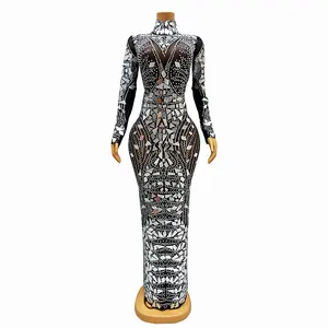 Novance Y3456 도매 제품 대량 검은 가운 여성 이브닝 드레스 하이 넥 긴 소매 실버 스팽글 원단