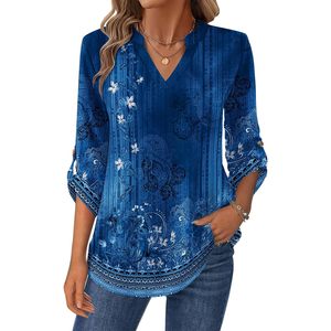 FOXA Blusa de manga larga con cuello en V para mujer, estampado floral, top informal para el trabajo, S 2XL - Product Image 1