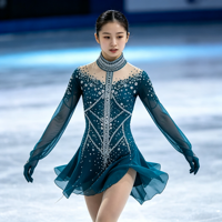 Robe de patinage artistique bleu sarcelle à strass, col montant, dos évidé, manches longues, en maille, pour compétition de patinage sur glace, personnalisable