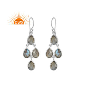 Boucles d'oreilles pendantes en argent sterling style indien, serties de labradorite multicolore en forme de poire, fournisseur de bijoux - Product Image 1