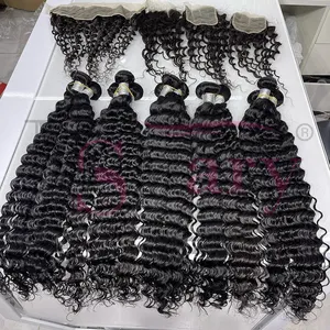 Grosir pemasok rambut manusia India murni kutikula ekstensi rambut manusia Deep Wave bundel rambut manusia Virgin