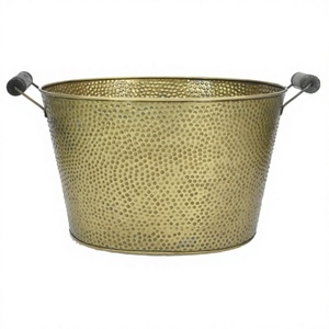 Gold Finished Metal Ice Bucket With Hammered Texture And Handles Round Classic Design For Firewood Storage - Product Image 1