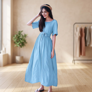 <b>Top</b> Products 100% Cotton Midi Dress Short Sleeve Vintage with Side Pockets High Waist for Women - Product Image 2