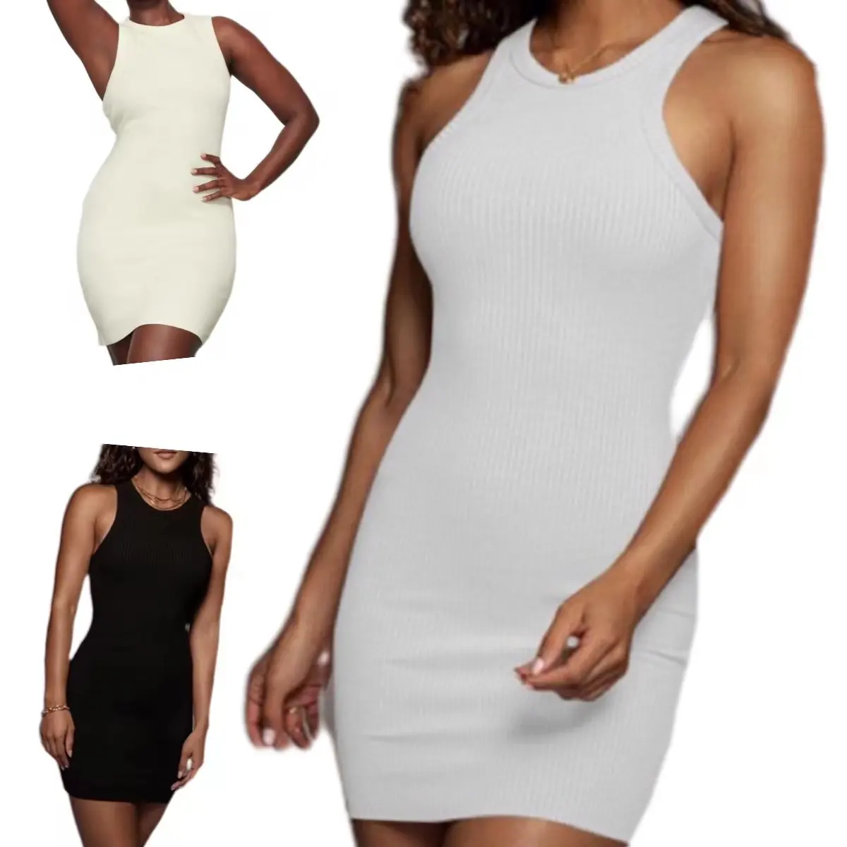 2022 kostenlose Probe benutzer definierte Logo Sommer braun Mini kleid weich schwarz weiß leer Baumwolle Mix gerippt Tank Top Kleid