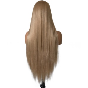 Wig sintetis Premium Futura Fibra Wholesale HD13*4 Lace Front Free Part 340g Linen <span class=keywords><strong>Gold</strong></span> Straight Matte tahan panas realistis - Product Image 3