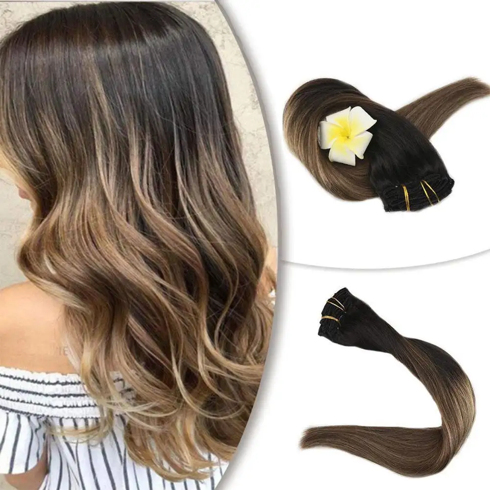 Yamei Hair Remy Double Drawn Virgin Human Hair Cuticle Aligned Ombre Highlight Balayage Color Clip in Hair Extensions in Stock