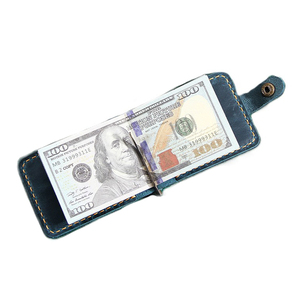 Genuine Leather Moneyclip Wallet Slim Credit Cardholder Vintage Retro Blue Cowhide Leather Money Clip Minimalist Wallets for Men - Product Image 1