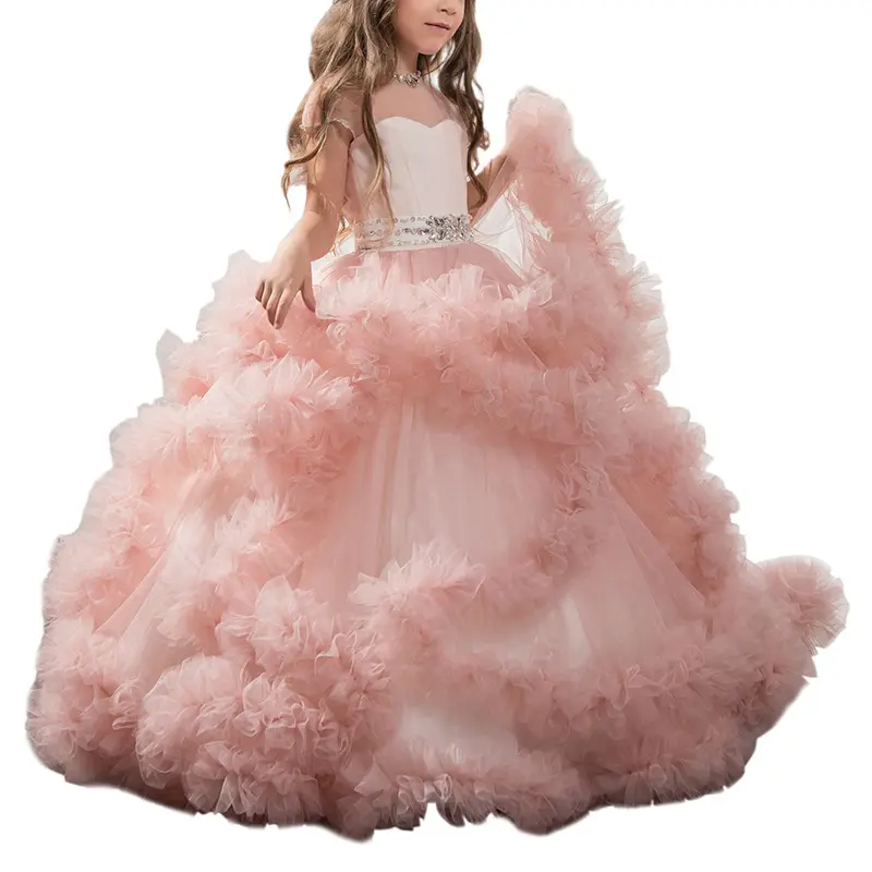 2022 new summer pink purple blue kids flower wedding dress party wear lace fairy flower girls dresses