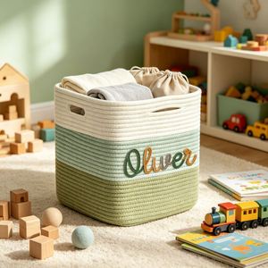 Custom Cotton <b>Rope</b> Woven Storage <b>Basket</b> with Embroidered Name, 11x11x11 Inch Green Gradient Cube Organizer Bin for Kids - Product Image 3