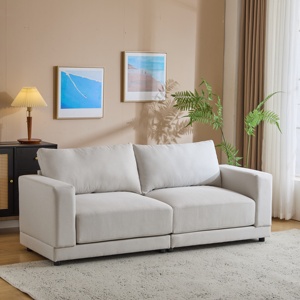 Modern Square Arm Sofa Set <b>Convertible</b> Sofa <b>Bed</b> Soft Fabric Upholstery Deep Cushions Sturdy Wooden Legs White for Living Room - Product Image 1