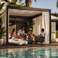 Luxuriöse Moderne Weiße Pergola mit Outdoor-Transparentvorhängen Motorisiertes Lamellendach für Resort-Hotel Poolbereich Garten-Pavillon