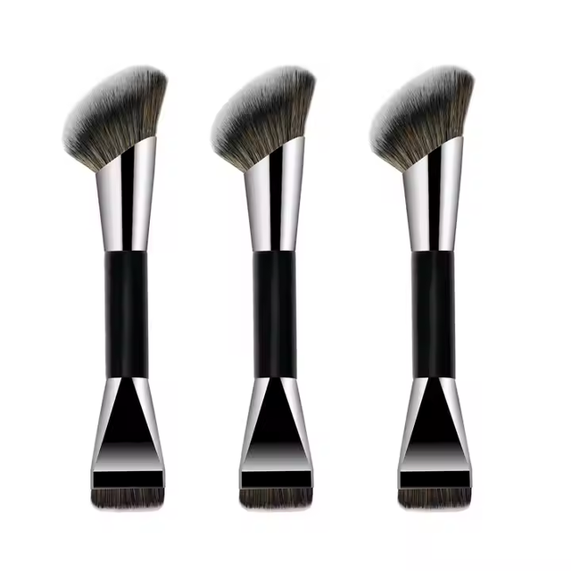 Double Side Fan Facial Brush for Blusher and Foundation Synthetic Hair Wood Handle Cheek Makeup Brush