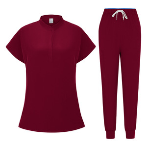 Women Scrub Uniform Set Maroon Moisture Wicking Knitted Hospital Workwear Top And Pants For Nurses Doctors - Product Image 3