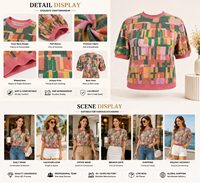 Haut en tricot respirant pour femme à col coloré imprimé géométrique, manches courtes bouffantes, poignets côtelés contrastants, tricot décontracté, logo personnalisé