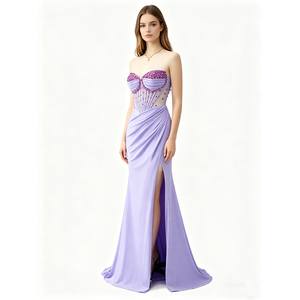 Vestido <span class=keywords><strong>de</strong></span> fiesta largo <span class=keywords><strong>de</strong></span> gran tamaño con abertura <span class=keywords><strong>alta</strong></span> y diamantes <span class=keywords><strong>de</strong></span> imitación para mujer, elegante vestido <span class=keywords><strong>de</strong></span> cóctel sin tirantes con hombros descubiertos - Product Image 3