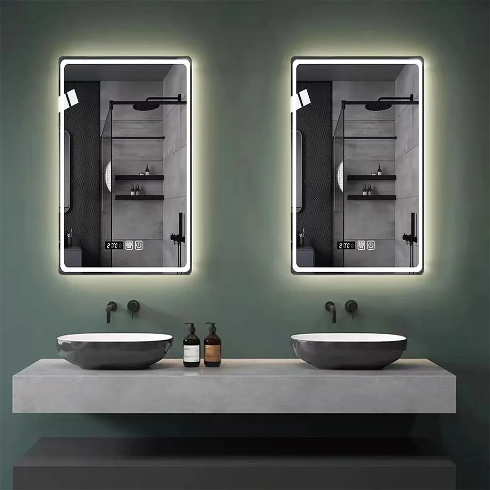 مرآة حمام منزلية حديثة مضيئة بإضاءة ليد ذكية مثبتة على الحائط