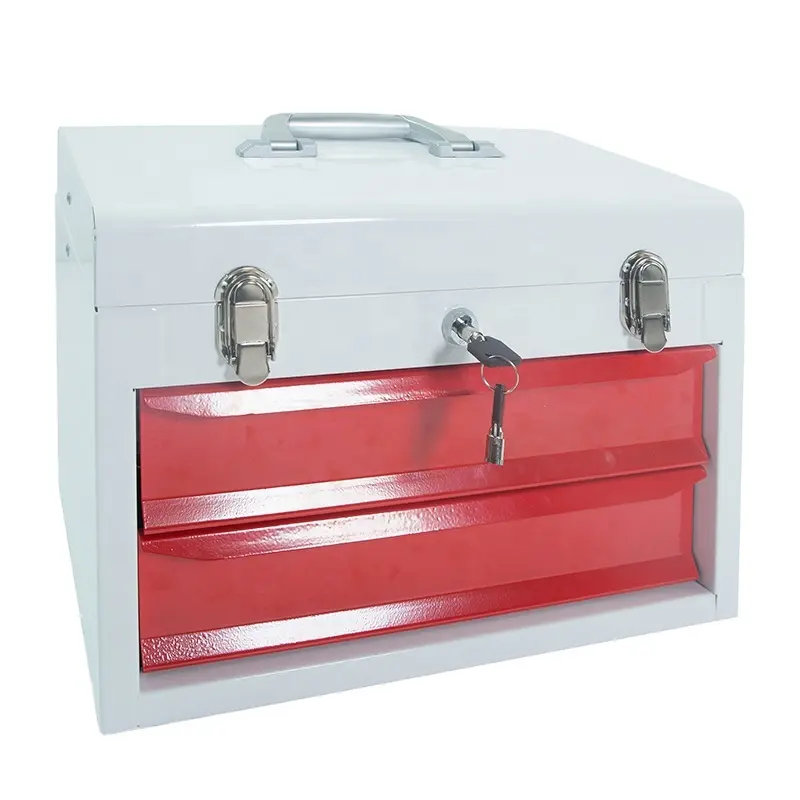White And Red Iron Portable Tool Box With 2 Drawers tool chest tool cabinet logo color customized metal lockable cheap discount