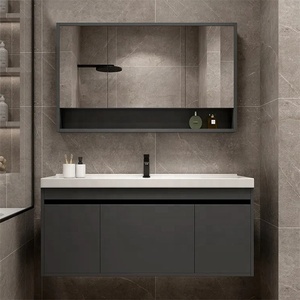 Meuble-lavabo de salle de bain moderne mural <span class=keywords><strong>gris</strong></span> personnalisé avec <span class=keywords><strong>dessus</strong></span> en pierre blanche d'ingénierie et lavabos rectangulaires en céramique - Product Image 2