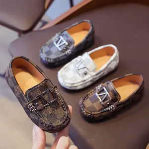 Ready to Ship Designer luxury kids autumn italian formal casual brown branded leather loafers dress shoes for children