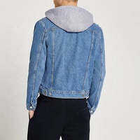 Jaket Pria Kustom OEM Grosir Pabrik Jaket Denim Bertudung dengan Tali Serut Yang Dapat Dilepas Lengan Panjang Robek Biru