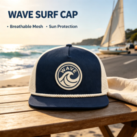 Casquette Snapback Unisexe d'été à 5 panneaux en polyester, avec logo 'Wave' en patch de caoutchouc, visière plate, respirante, protection solaire et perforations découpées au laser