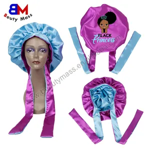 Custom Logo Extra Large Silky Tie On Satin Bonnet Edge Wrap Reversible Adult And Kids Hair Bonnets For Braids Night Sleep Cap