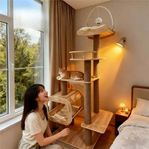 رف تسلق للقطط من الخشب الصلب مع مساحة كبيرة، كبسولة نوم للقطط، شجرة للقطط مع لوحة تسلق مدمجة ورف للقفز مضاد لخدوش القطط - Product Image 1