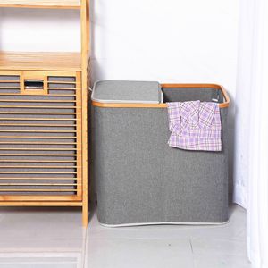 Cesto portabiancheria da bagno a 2 scomparti Decor Flip Cover cesto portabiancheria senza manico supporto in bambù per bambini in lino di <span class=keywords><strong>plastica</strong></span> all'ingrosso - Product Image 6