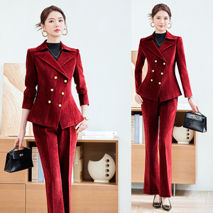 Women's <b>Red</b> Velvet Suit Set 2025 Double Breasted Warm Workwear Commute Outfit - Product Image 1