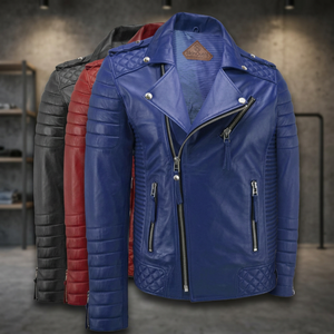 BS International Genuine Sheep Leather Canvas <b>Racer</b> <b>Jacket</b> Bike Riders Waterproof Windproof Mandarin Collar Zipper Closure - Product Image 1