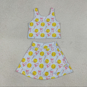 Ensembles de vêtements pour bébés filles, avec nœuds, motifs baseballs et softball, hauts, jupes, shorts, pour le yoga et les activités sportives, à bords festonnés - Product Image 6