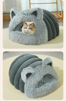 Coussin universel quatre saisons en peluche avec grandes oreilles de chat et collier, bleu paon, taille M, pour animaux de compagnie jusqu'à 6,8 kg, nid de sommeil pour chats et chiens