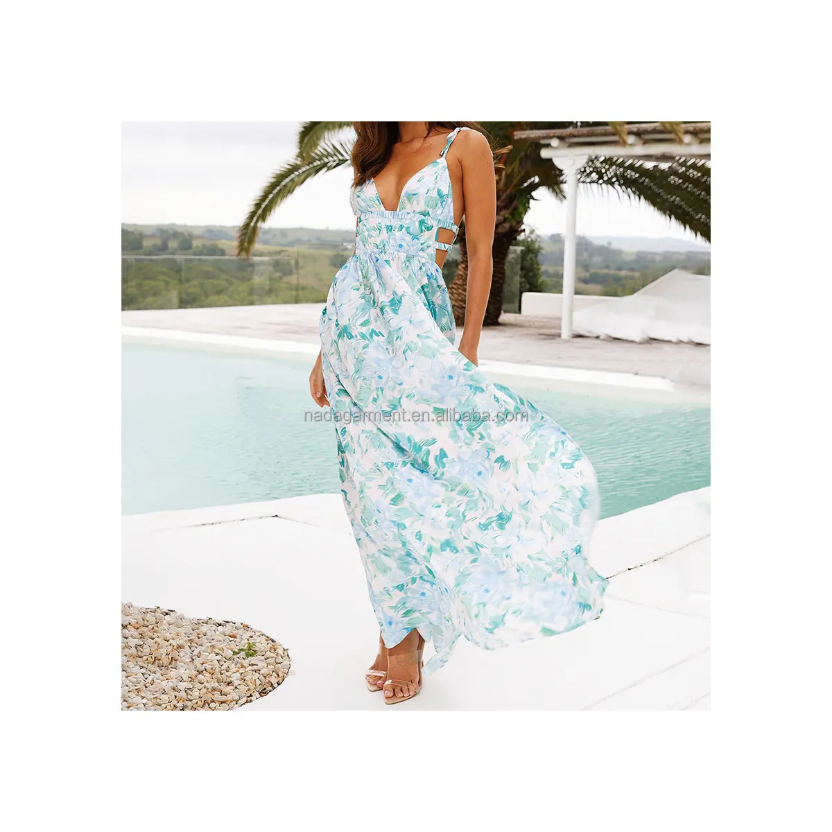 2024 Summer Women Maxi Dresses Casual Sleeveless Floral Printed V Neck Beach Party Long Dress For Women