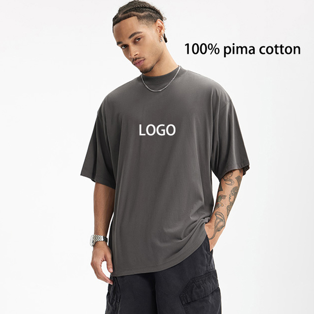 High Quality Men Luxury Soft 100% Pima Cotton T-shirts Oversized Boxy Short Sleeve Blank T Shirt With Wide Neck Collar