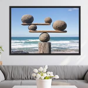Zen Stone Balance Coastal <b>Canvas</b> Print: Meditative Beach Rock Art,BLACK <b>FRAMED</b> <b>CANVAS</b> - Product Image 3