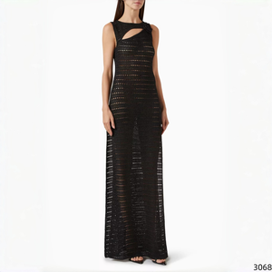 Summer Solid Color Crochet Knit Maxi Dress Sleeveless Cutout Neckline Beach Cover up Double Side Slits Dress for <strong>Women</strong> - Product Image 1