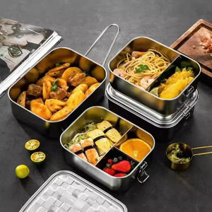 Lonchera de acero inoxidable 304 con compartimentos cuadrados de doble capa para estudiantes y trabajadores de oficina. - Product Image 3