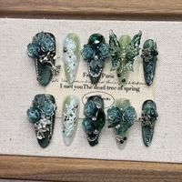 Faux ongles à presser faits main, forme amande, style gothique, motif papillon noir, avec paillettes argentées et fleurs 3D en strass, kit de manucure