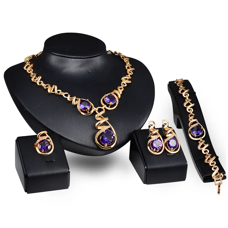 4 Piece Fashion Women Jewelry Sets Luxury African Dubai 18K Gold Plated Big Wave Purple Crystal Wedding Bridal Jewelry Set